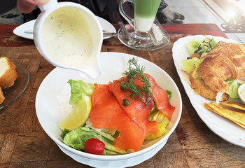 Fresh Salmon Salad with green organic vegetable for healthy food.