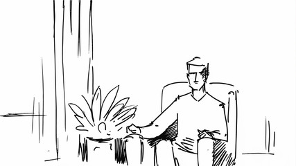 Man sitting in his armchair. Vector sketch for cartoon, or storyboard projects