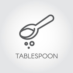 Linear icon of kitchen tablespoon with abstract ingredient. Contour logo for cooking of various recipes, cookbooks, culinary sites and other projects. Vector graphic - obrazy, fototapety, plakaty