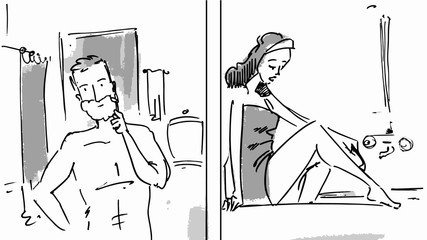 Man and woman shaving in the bathroom sketch Vector illustration for cartoon, or storyboard projects - 165823342
