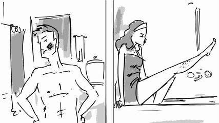 Man and woman shaving in the bathroom sketch Vector illustration for cartoon, or storyboard projects - 165823355