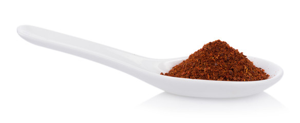 Pile of red paprika powder on spoon wooden
