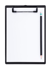 Blank paper on black clipboard with space on white background