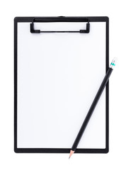 Blank paper on black clipboard with space on white background
