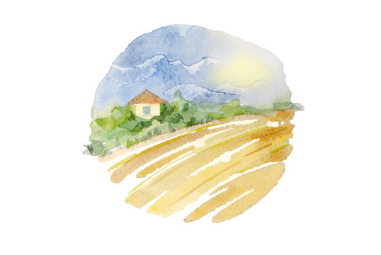 Watercolor countryside landscape in circle composition. Artistic wheat field and village cottage, round illustration isolated on white