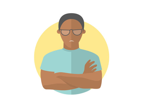 Sullen and gloomy handsome black man in glasses, offended guy. Flat design icon. Morose, moody emotion. Simply editable isolated on white vector sign
