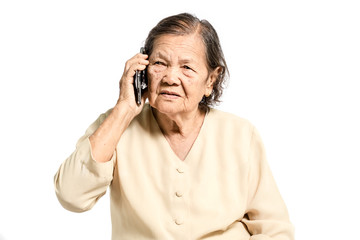 Portrait of a senior asian women talking on smartphone. Isolated on white background with clipping path