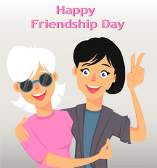 Fototapeta premium Friends hugging and smiling. Two female cartoon characters.