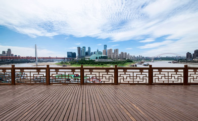 andscape of downtown near water of chongqing in blue sky