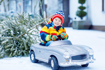 Funny little smiling kid boy driving toy car with Christmas tree.