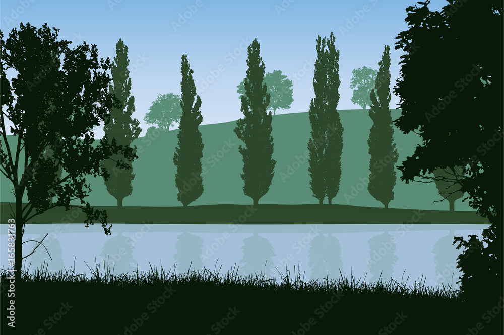 Wall mural vector illustration of landscape with river and trees on the shore under blue sky, layered