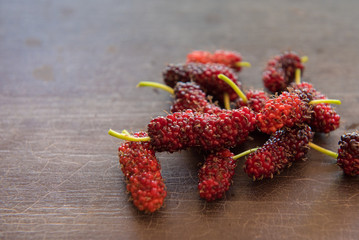 Mulberry and leaves on a wood plant, mulberry have Red and black color it good health berry fruit