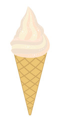 Vanilla ice cream in waffle cone isolated on white background. Vector illustration.