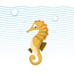 Trendy cartoon sea horse swimming underwater. Kid education flat design. Blue waves and bubbles. Vector icon.