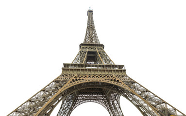 Prospective lower wide view of Tour Eiffel, symbol and icon of Paris. Paris Eiffel Tower isolated on white background and copy space. Paris in France. Europe travel concept.