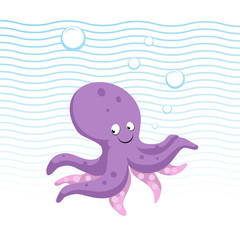 Trendy cartoon style octopus character. Simple gradient flat design for kid education. Waves and bubbles. Underwater life.