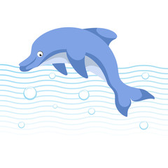 cute cartoon trendy style dolphin jumping. Sea an ocean blue waves and bubbles. Friendly kid design for education. Simple gradients.
