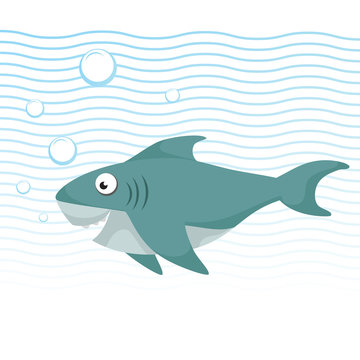 Trendy cartoon style cheerful shark with big eyes swimming underwater. Waves and bubbles. Educational simple gradient vector icon.