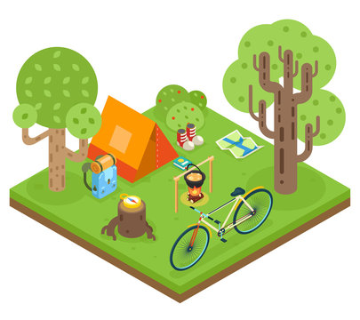 Tent Camp Travel Isometric 3d Icon Forest wood Symbol Background Flat Design Vector Illustration