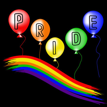 Colored rainbow balls and handwritten text Pride.  Rainbow background LGBT  multicolored flag.  Original symbol for gay parade. Vector design
