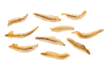Dried Small fish anchovies and crispy Seafood isolated on white background