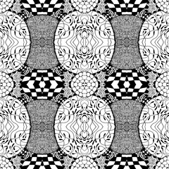 Seamless tile with a black and white pattern. Vector illustration. Hand drawing.