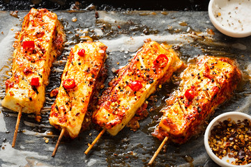 Halloumi cheese barbecue skewer with chilli 