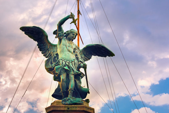 Bronze statue of Michael the Archangel, the top statue of Castle of the Holy Angel or Castle Saint Angel in Rome, Italy