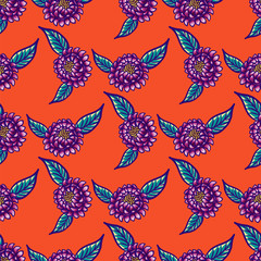 Floral hand drawn vintage seamless pattern with flowers and leaves. Fabulous purple flowers and blue leaves on a red background. Tropical seamless pattern with exotic vivid leaves. Exotic textile