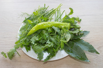 Background of Various Fresh Greens with Lettuce closeup