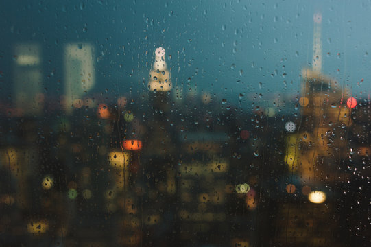 New York City Skyline through a window on a rainy day