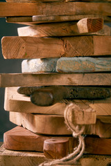 Stack of wooden cutting boards in close up