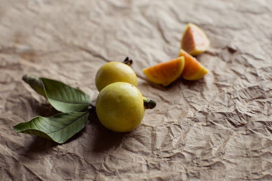 Guava fruit on a brown paper bag background
