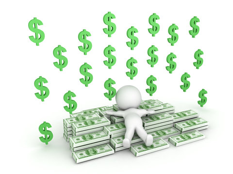 3D Character lying on a pile of cash with dollar symbols falling around