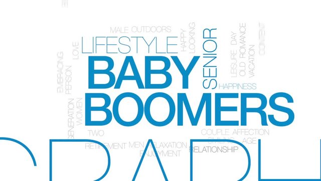 Baby boomers animated word cloud, text design animation. Kinetic typography.