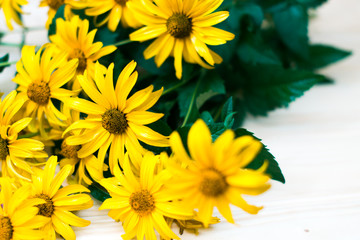 Yellow flowers on a wooden table with blurred background.
