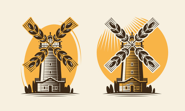Mill, windmill and ear wheat. Bakery, farm, agricultural industry logo or icon. Vector illustration