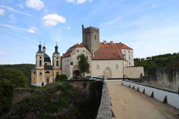 Fototapeta na wymiar Access road to Vranov nad Dyjí Chateau, Czech republic (View from the west)