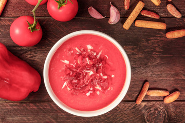 Spanish gazpacho soup with ingredients and copy space