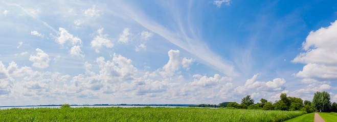 Green field under blue clouds sky