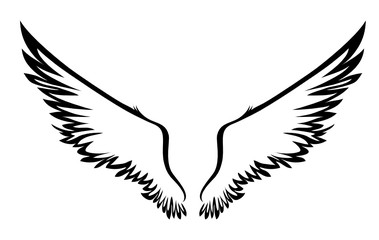 Wings. Vector illustration on white background. Black and white style. Linocut.