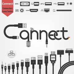 connect logo concept made of cables. Full pack of connectors and sockets for your network