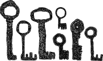 Hand drawings of the set of the medieval keys