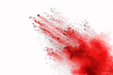 Abstract art powder paint on white background. Movement abstract frozen dust explosion multicolored on white background. Stop the movement of colored powder on white background.