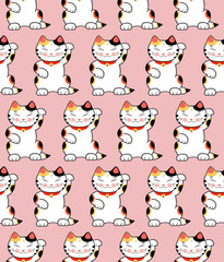 Seamless pattern with cute maneki neko cats, japanese symbol of luck.