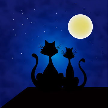 Влюбленные коты ночью на крыше. Вектор