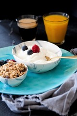 Healthy breakfast, muesli, juices and yogurt