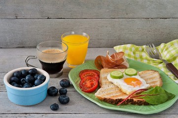 Healthy breakfast, muesli, juices and yogurt