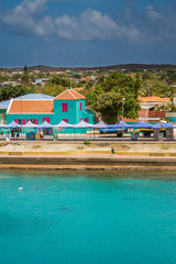 Fototapeta na wymiar Arriving at Bonaire, capture from Ship at the Capital of Bonaire, Kralendijk in this beautiful island of the Ccaribbean Netherlands, with its paradisiac beaches and water.