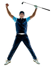 one caucasian man golfer golfing in studio isolated on white background